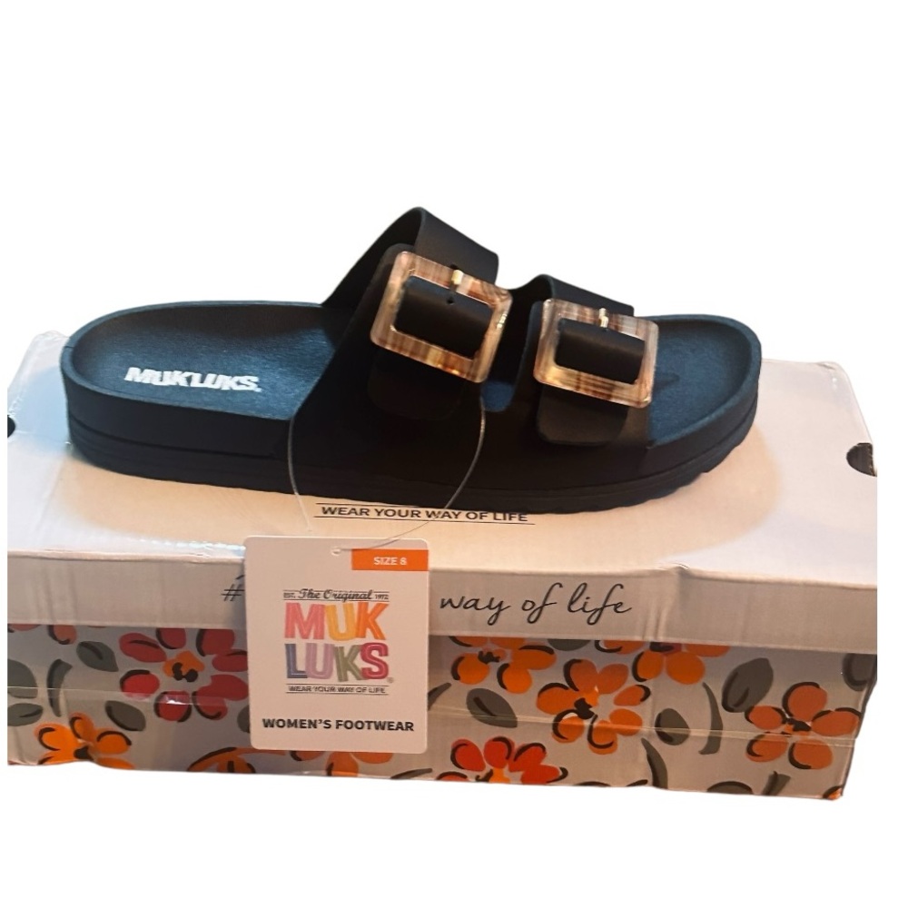 Black Slide Sandals with Rose Gold Buckles - Picture 13 of 16